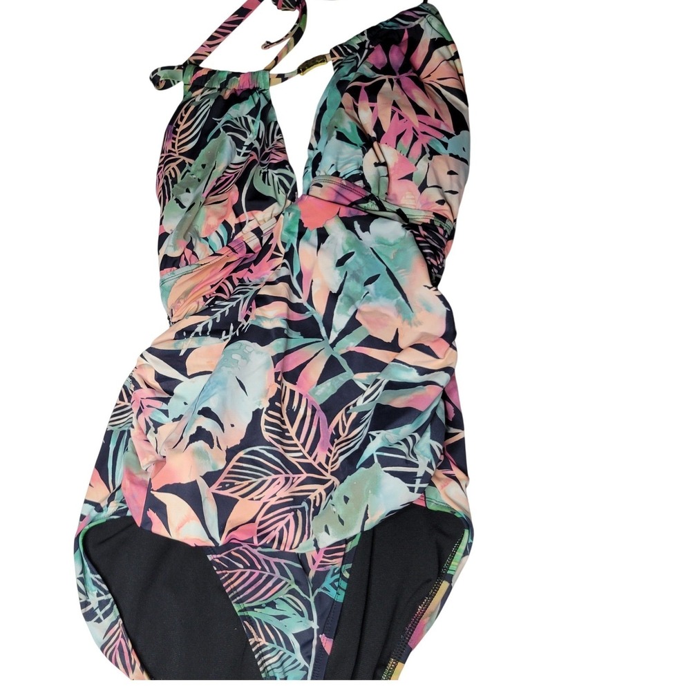 Lauren Ralph Lauren Tropical Palm One Piece Swimsuit Halter Ruched Tummy Control
